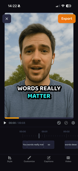 Screenshot presenting video editor within WithSubtitles app