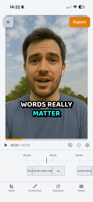 Screenshot presenting video editor within WithSubtitles app