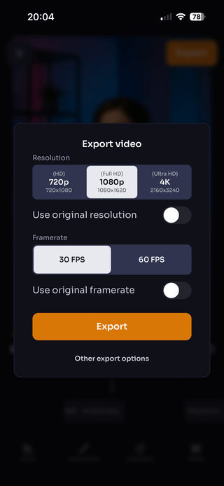 Screenshot presenting export options within WithSubtitles app