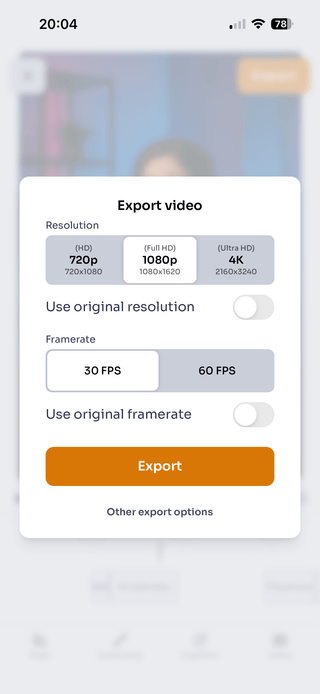 Screenshot presenting export options within WithSubtitles app