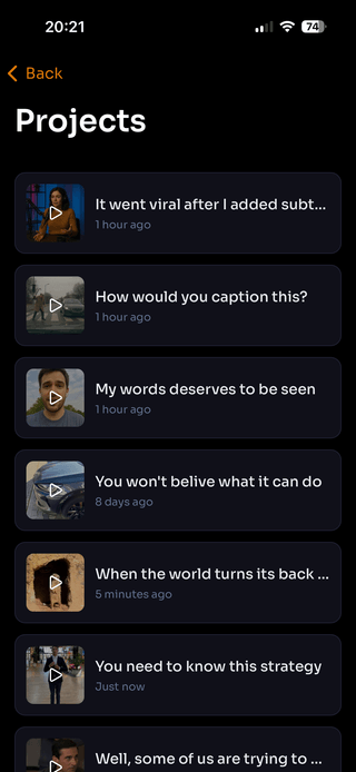 Screenshot presenting projects list within WithSubtitles app
