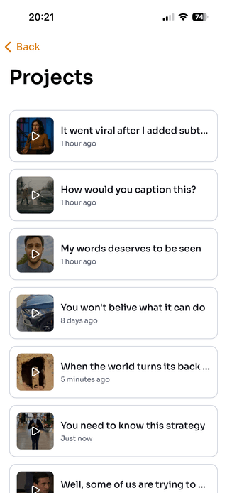 Screenshot presenting projects list within WithSubtitles app